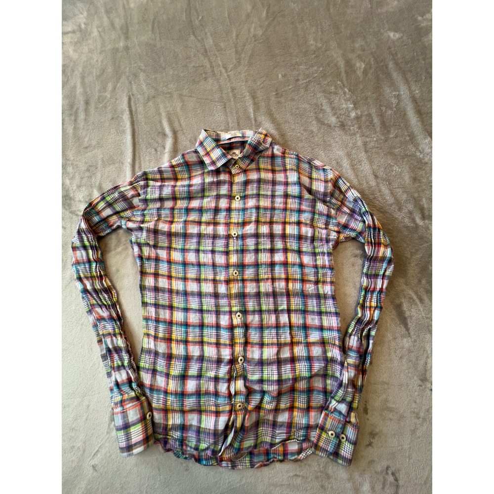 Peter Millar Button Down Shirt Mens Medium Multicolor Plaid Linen Long Sleeve